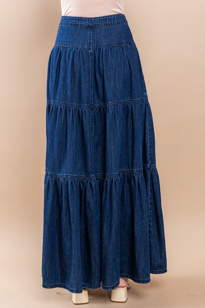 Women’s Boho Dark Denim Maxi Tiered Skirt