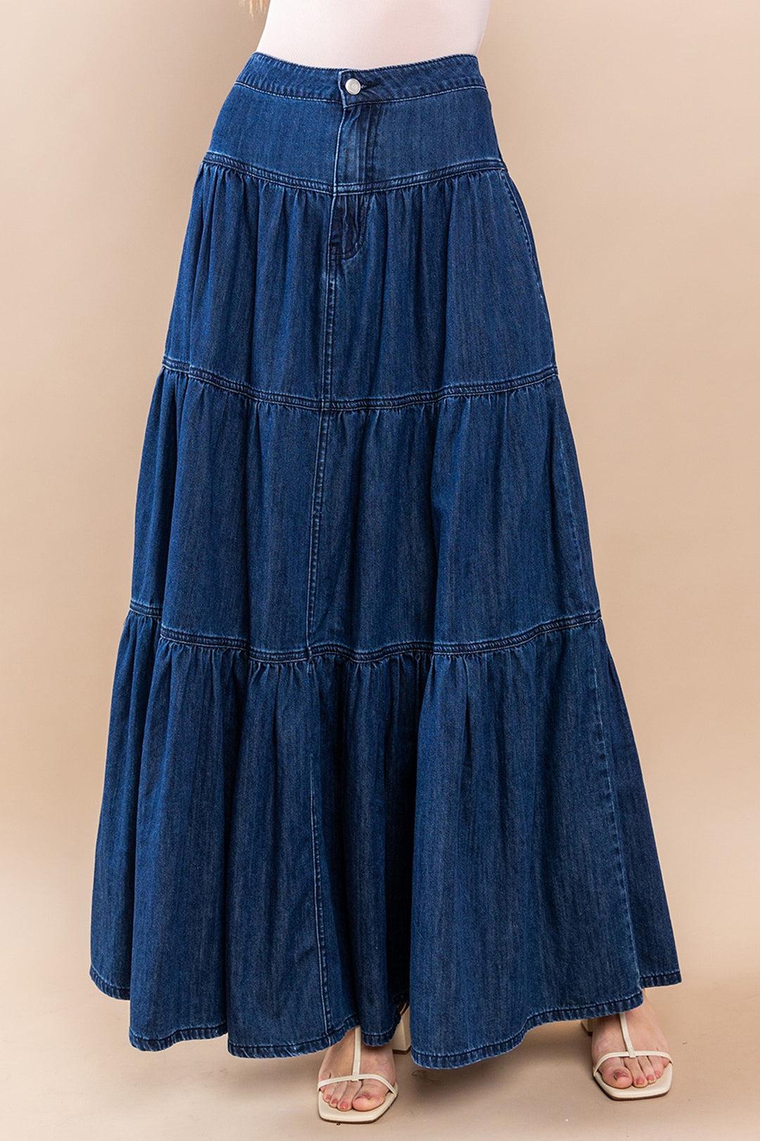 Women’s Boho Dark Denim Maxi Tiered Skirt