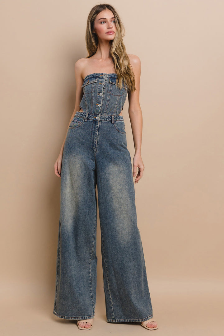 STRAPLESS CUTOUT DENIM JUMPSUIT