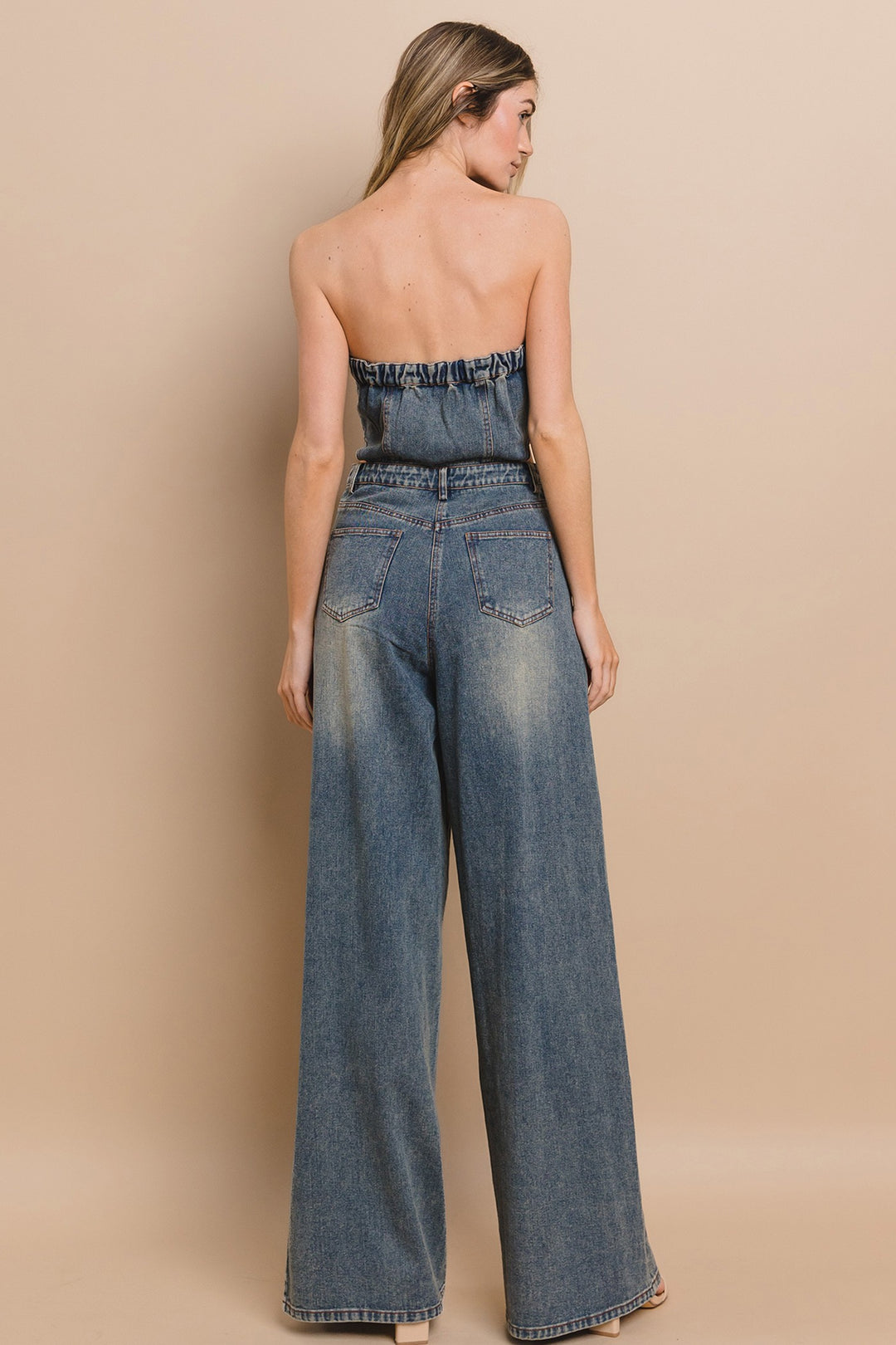 STRAPLESS CUTOUT DENIM JUMPSUIT