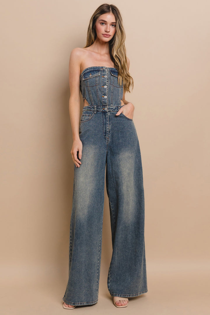 STRAPLESS CUTOUT DENIM JUMPSUIT