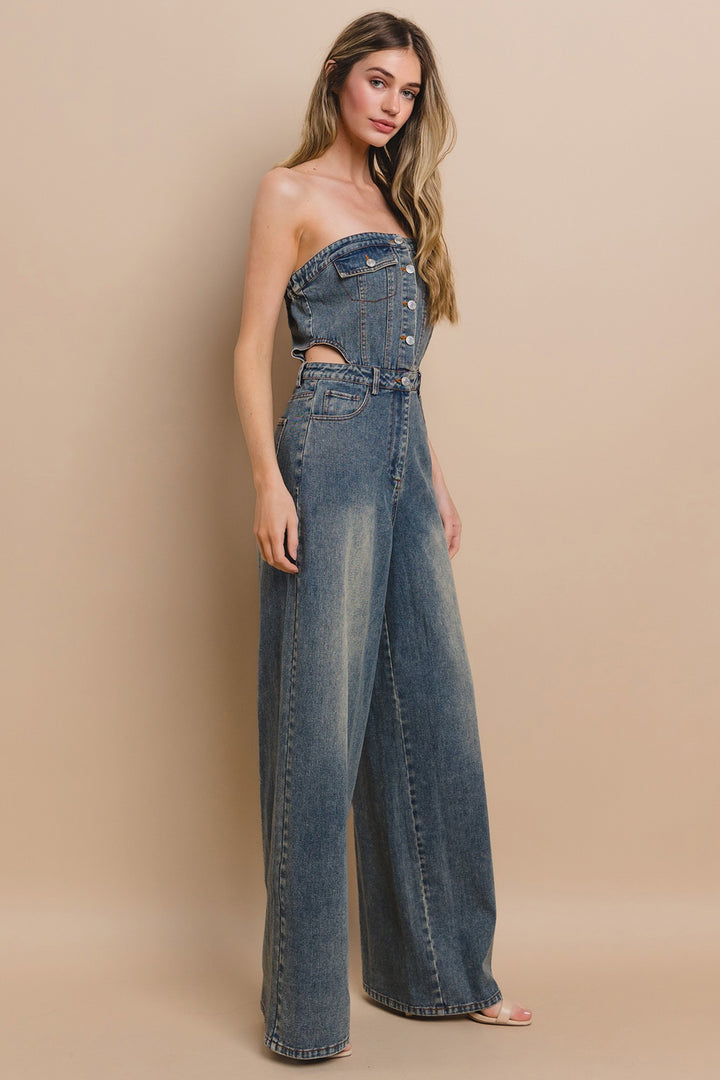 STRAPLESS CUTOUT DENIM JUMPSUIT