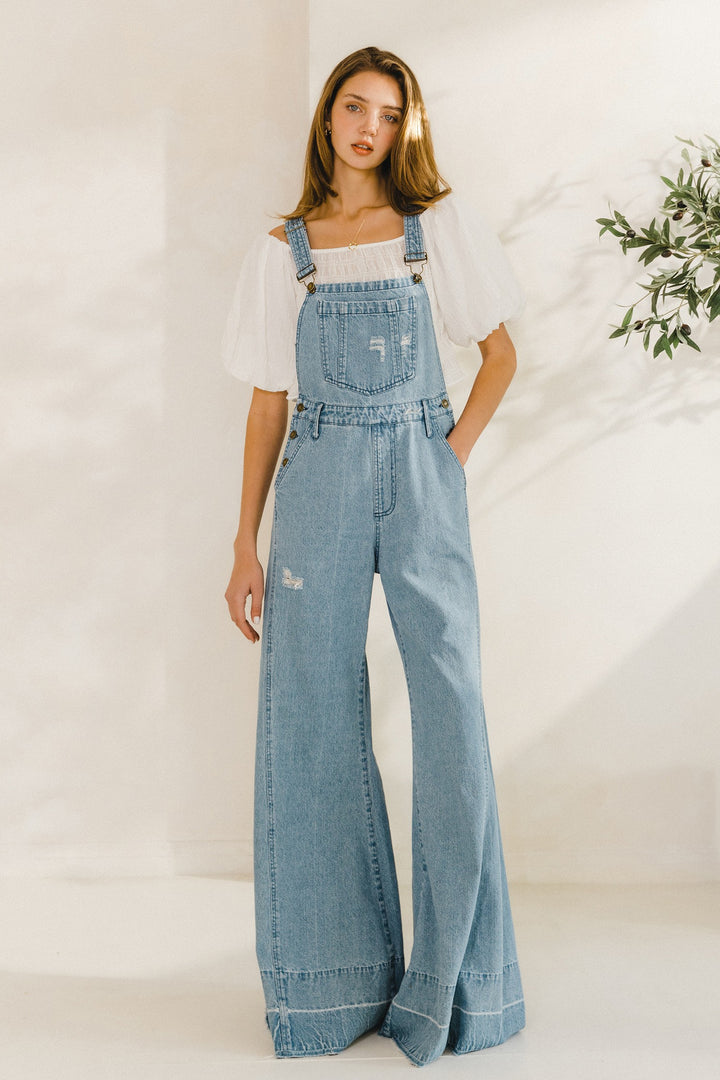 LIGHT DENIM WIDE LEG DISTRESSED BIB OVERALLS