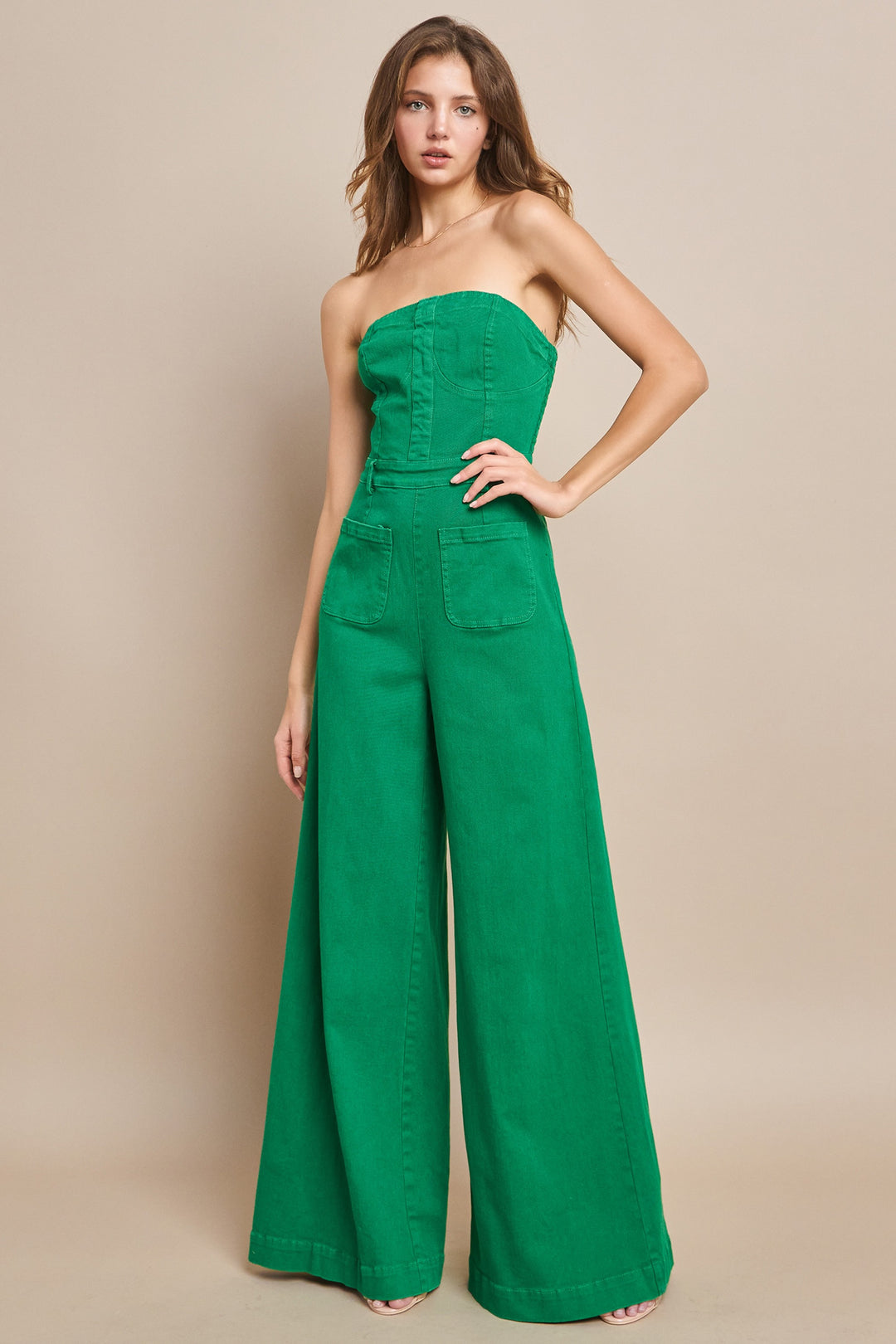 Wide Leg Strapless Jumpsuit- Kelly Green