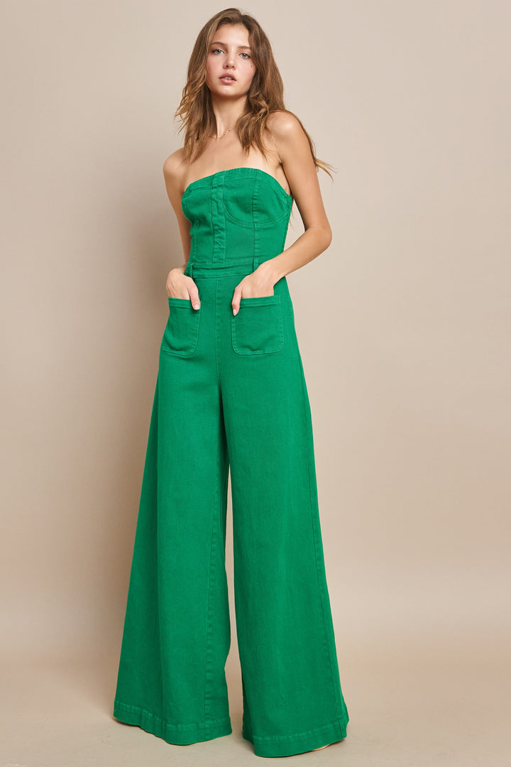 Wide Leg Strapless Jumpsuit- Kelly Green