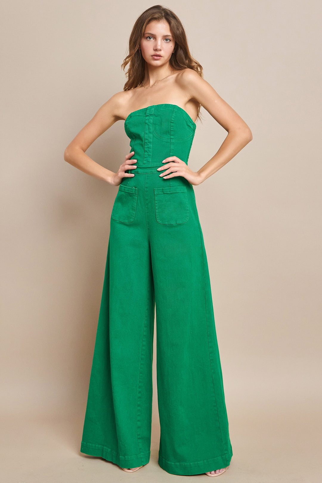 Wide Leg Strapless Jumpsuit- Kelly Green