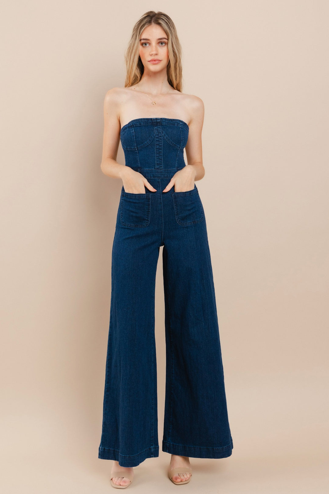 Wide Leg Strapless Dark Denim Jumpsuit