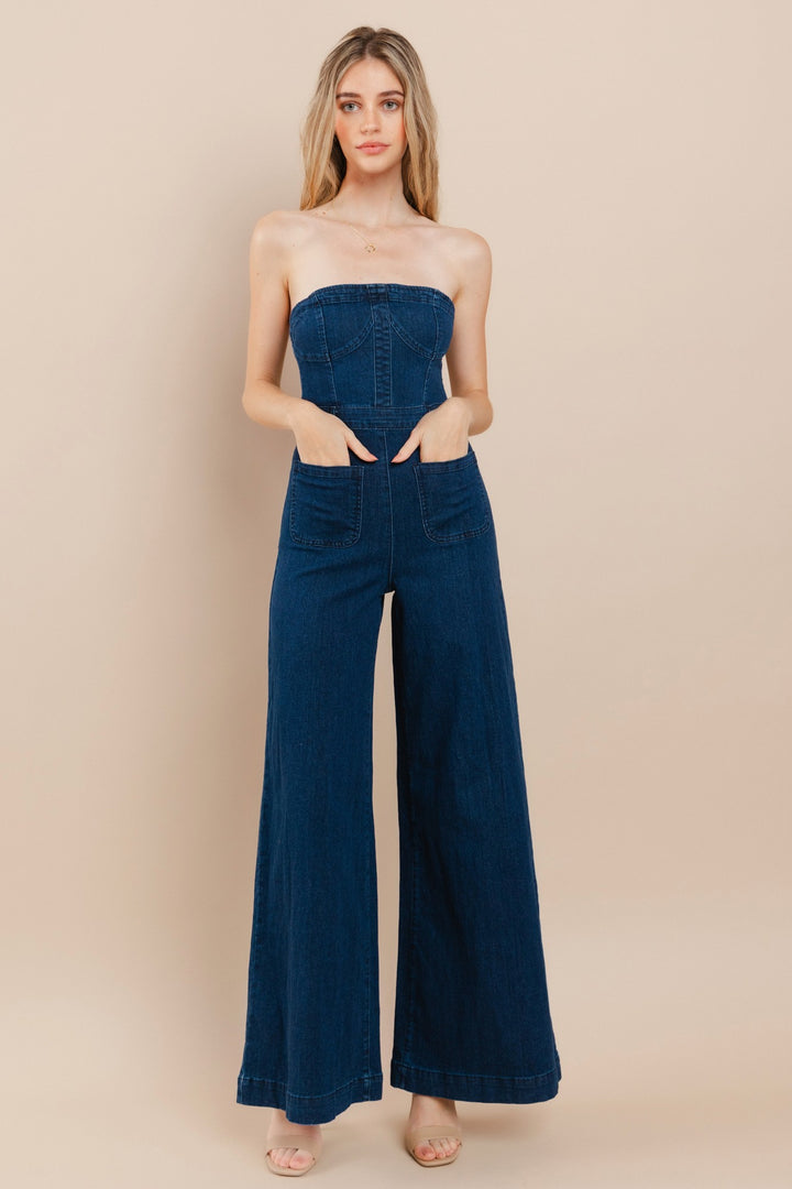 Wide Leg Strapless Dark Denim Jumpsuit