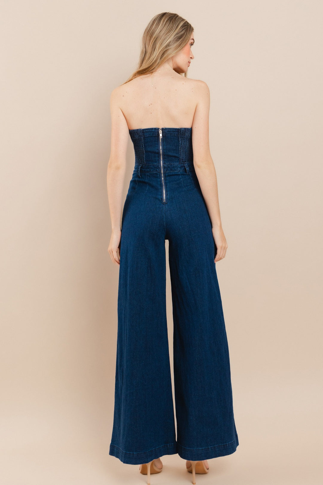 Wide Leg Strapless Dark Denim Jumpsuit