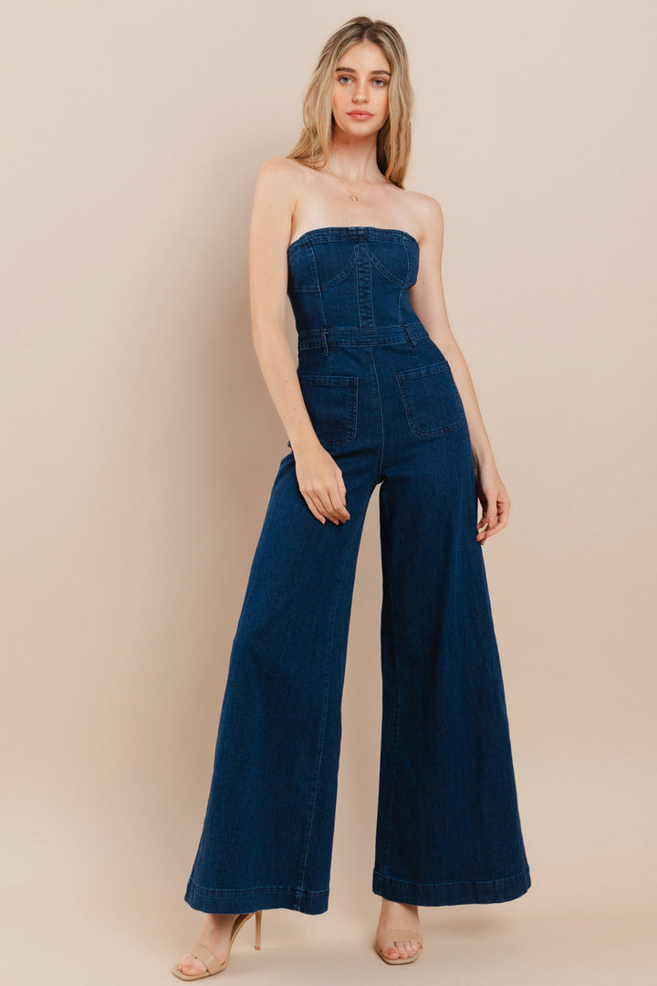 Wide Leg Strapless Dark Denim Jumpsuit