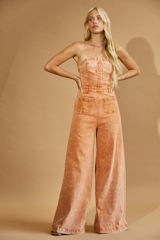 Vintage Rust Strapless Wide Leg Denim Jumpsuit *RESTOCK