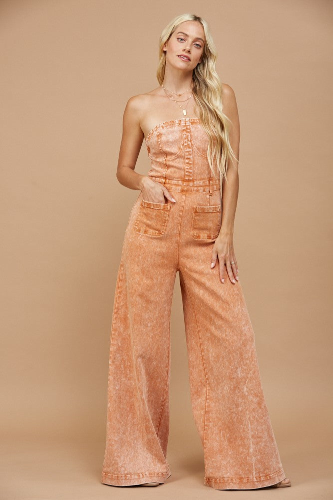 Vintage Rust Strapless Wide Leg Denim Jumpsuit *RESTOCK