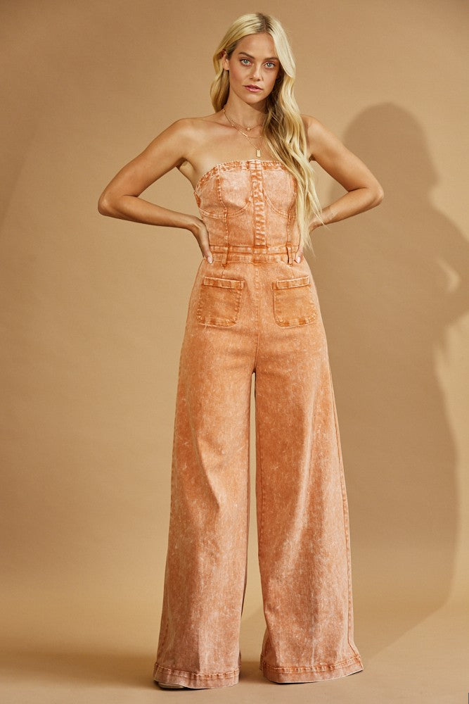 Vintage Rust Strapless Wide Leg Denim Jumpsuit *RESTOCK