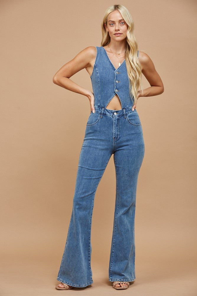 Western Cut Out Bootcut Denim Jumpsuit