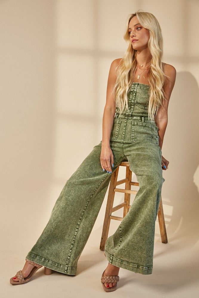 Olive Acid Wash Strapless Wide-Leg Jumpsuit