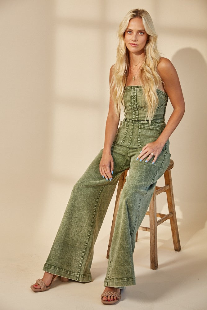 Vintage Olive Strapless Wide Leg Denim Jumpsuit