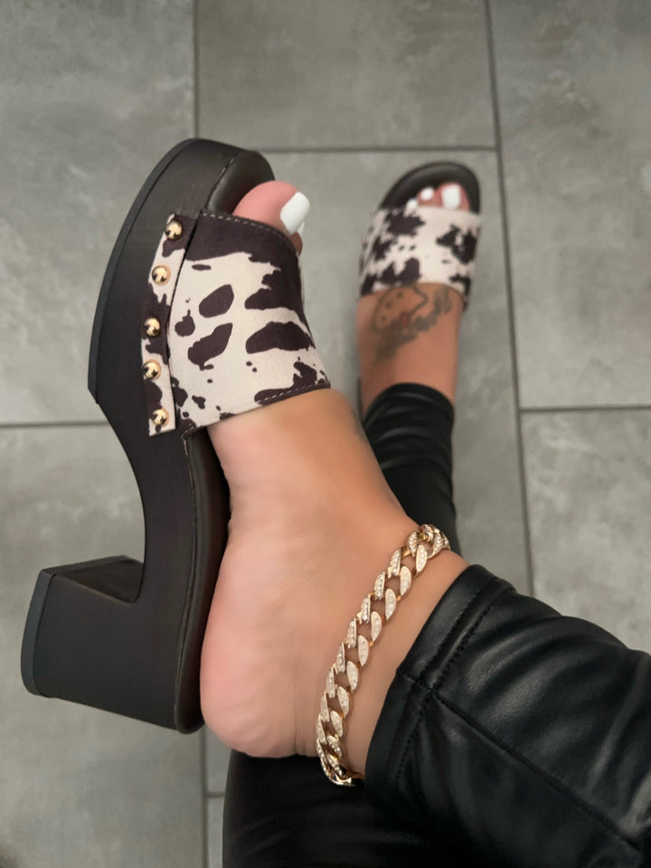 Cow Print Platform Clog Sandals- Anabella