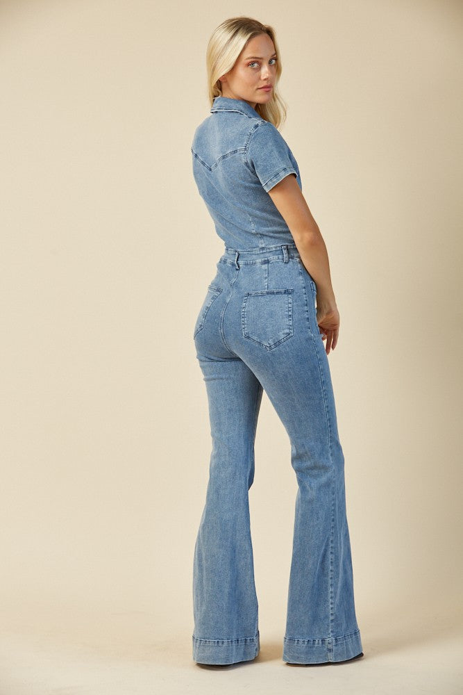 Western Boho Denim Flared Jumpsuit