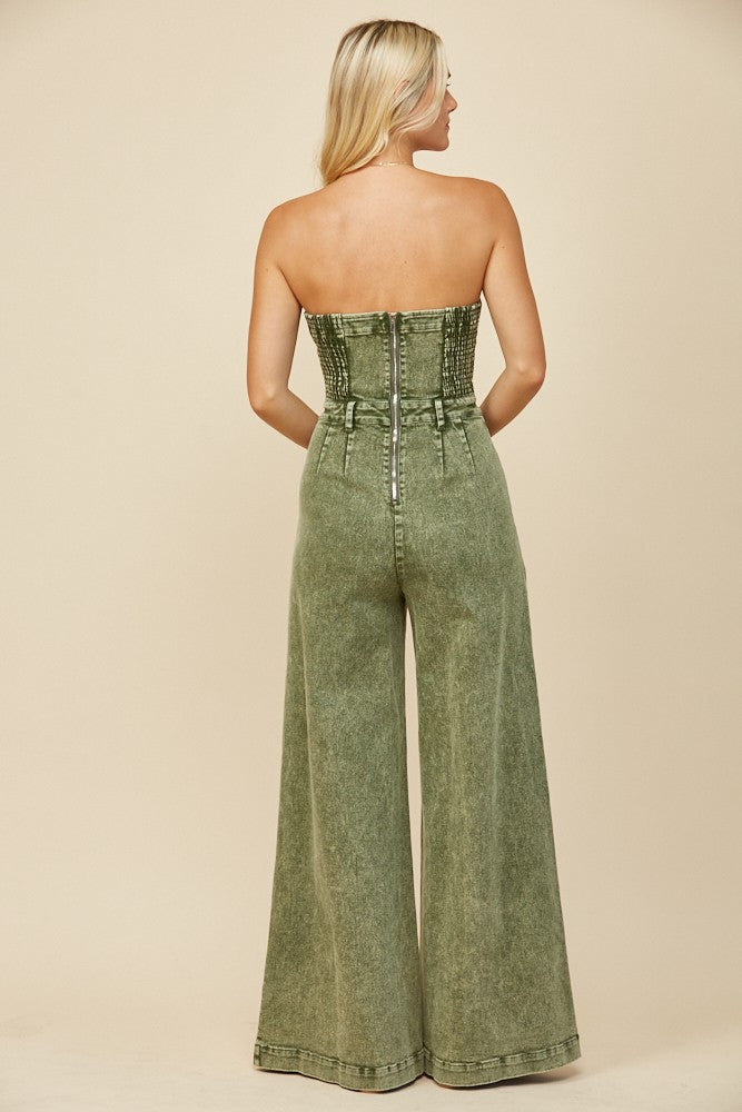 Vintage Olive Strapless Wide Leg Denim Jumpsuit