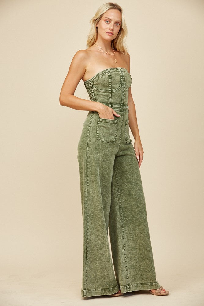 Olive Acid Wash Strapless Wide-Leg Jumpsuit