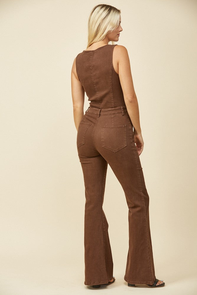 Western Brown Cut Out Bootcut Denim Jumpsuit