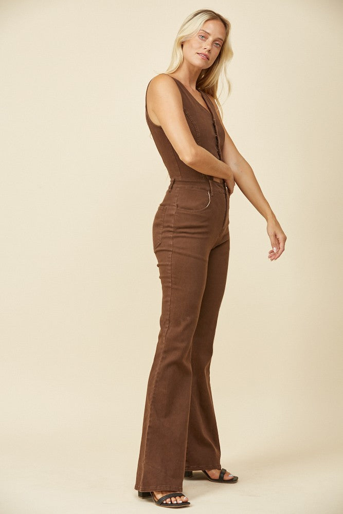 Western Brown Cut Out Bootcut Denim Jumpsuit