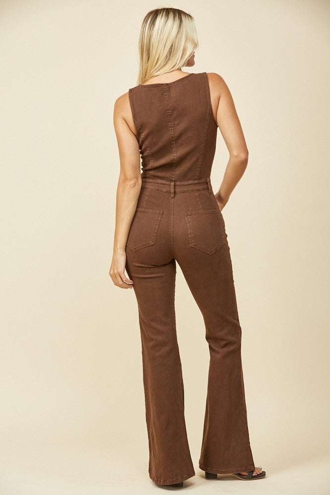 Western Brown Cut Out Bootcut Denim Jumpsuit