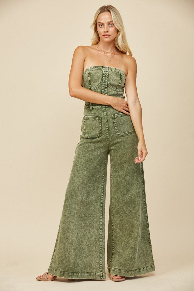 Vintage Olive Strapless Wide Leg Denim Jumpsuit