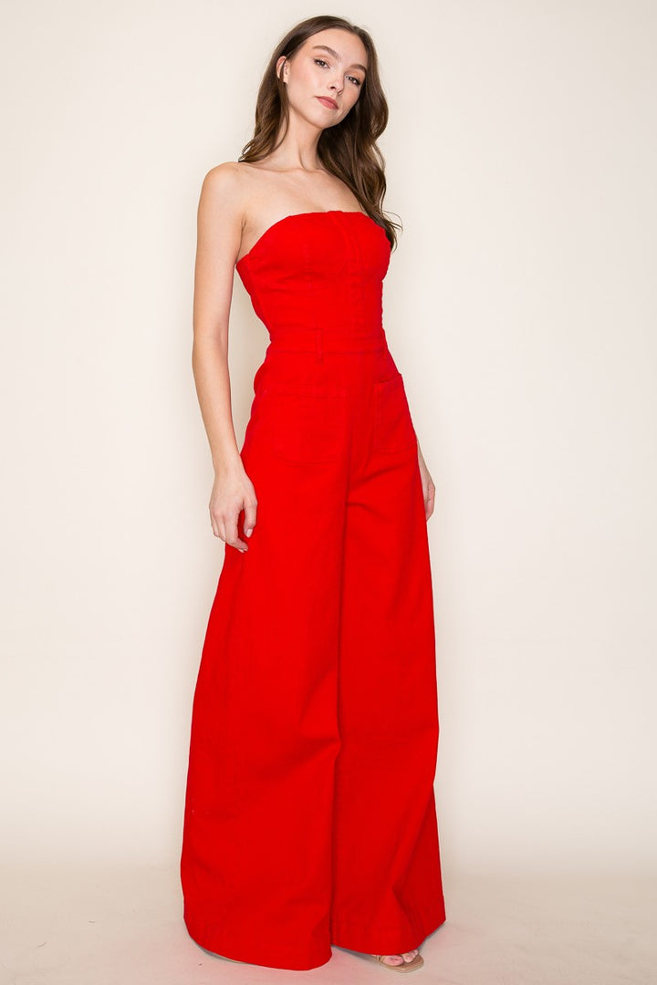 Vibrant Red Strapless Wide Leg Denim Jumpsuit