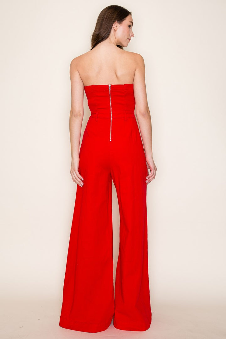 Vibrant Red Strapless Wide Leg Denim Jumpsuit
