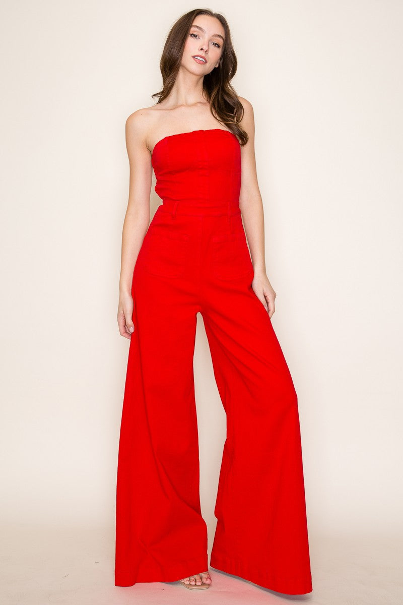 Vibrant Red Strapless Wide Leg Denim Jumpsuit