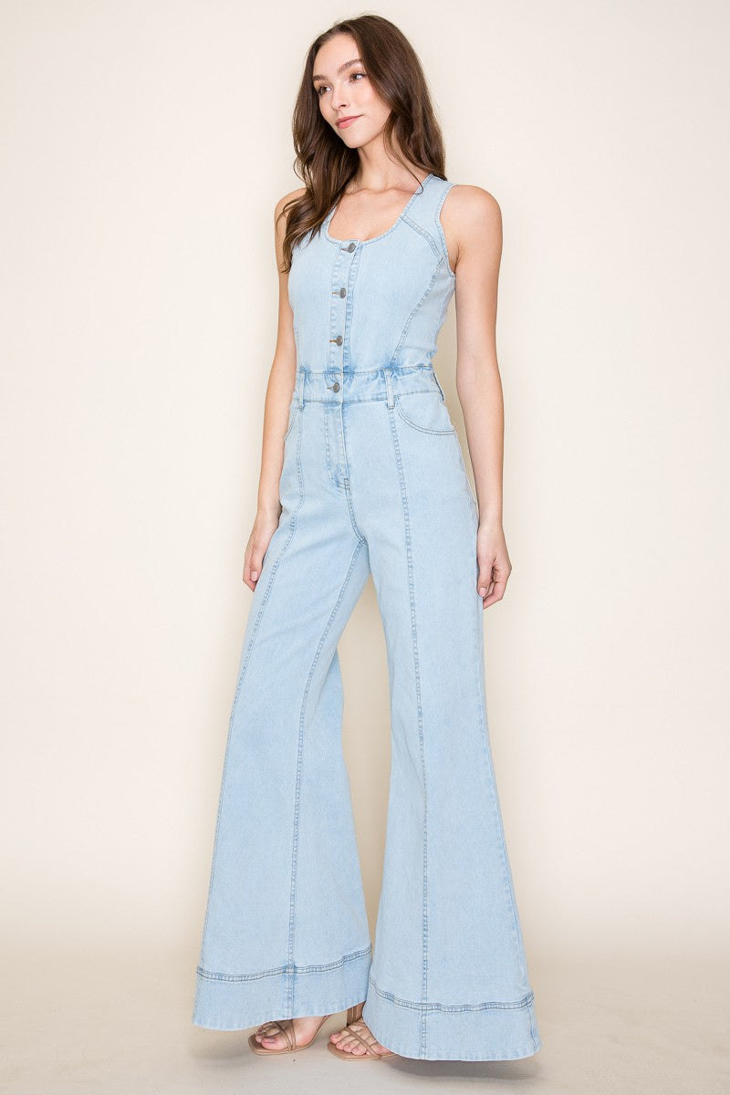 Western Light Denim Retro Wide Leg Jumpsuit