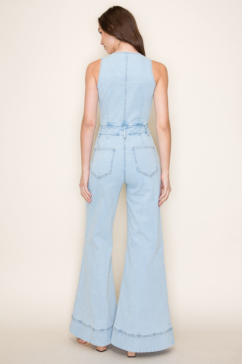 Western Light Denim Retro Wide Leg Jumpsuit