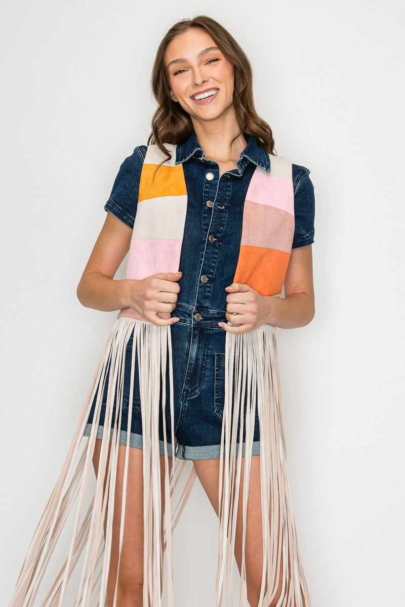 Western Boho Maxi Colorblock Sunrise Faux Suede Vest – Pink Multi Sunrise