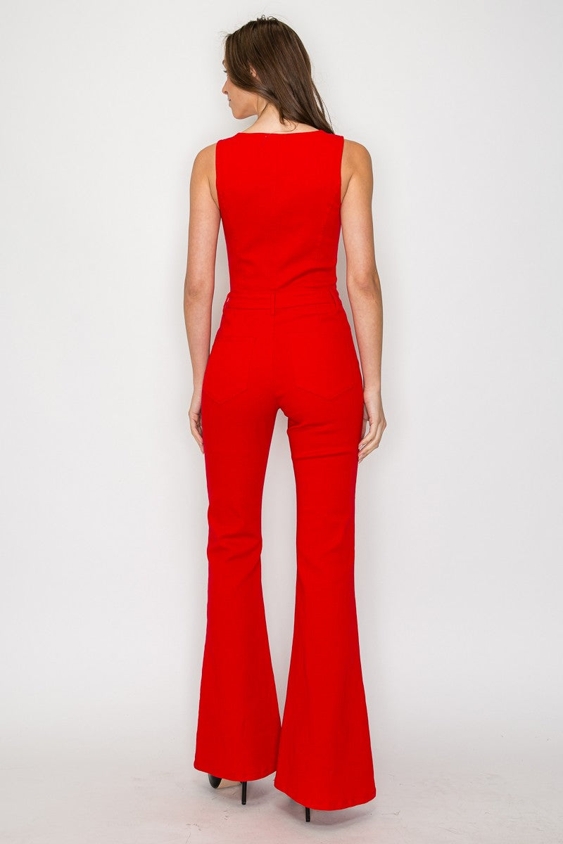 Vibrant Red Cut Out Denim Jumpsuit With Button Detail