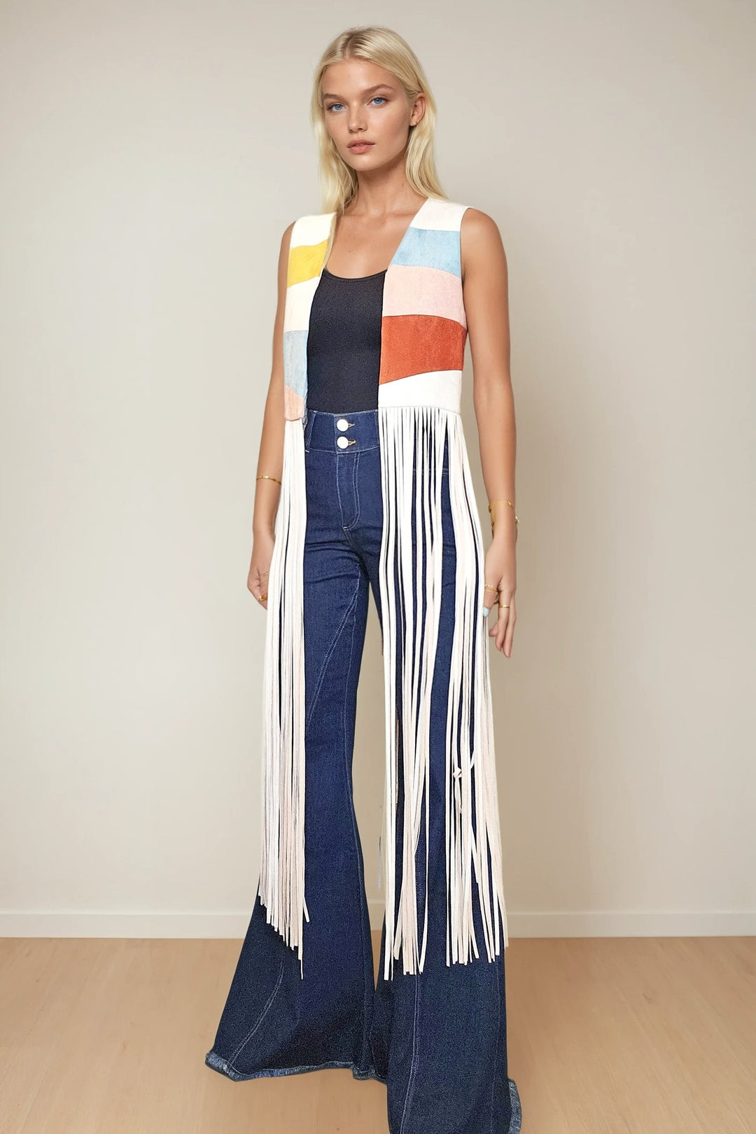 Western Boho Maxi Colorblock Sunrise Faux Suede Vest – Teal Multi Sunrise