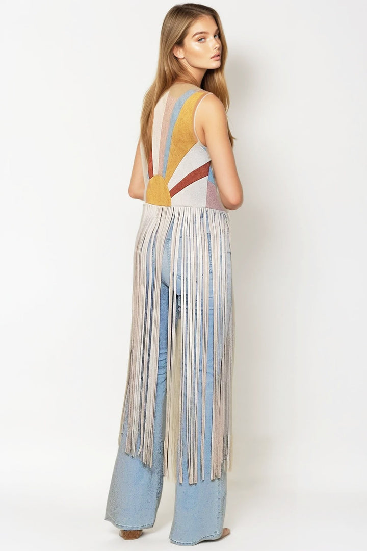 Western Boho Maxi Colorblock Sunrise Faux Suede Vest – Teal Multi Sunrise