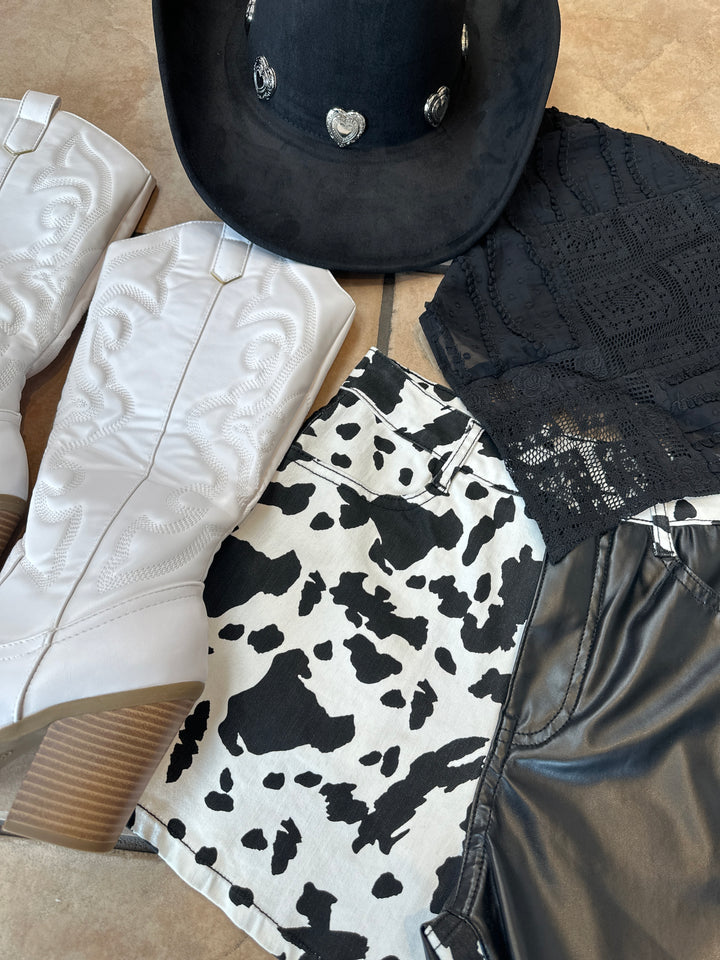 Western Color Block PU Cow Print Shorts