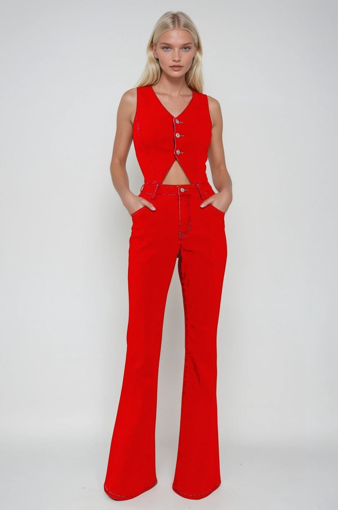 Vibrant Red Cut Out Denim Jumpsuit With Button Detail