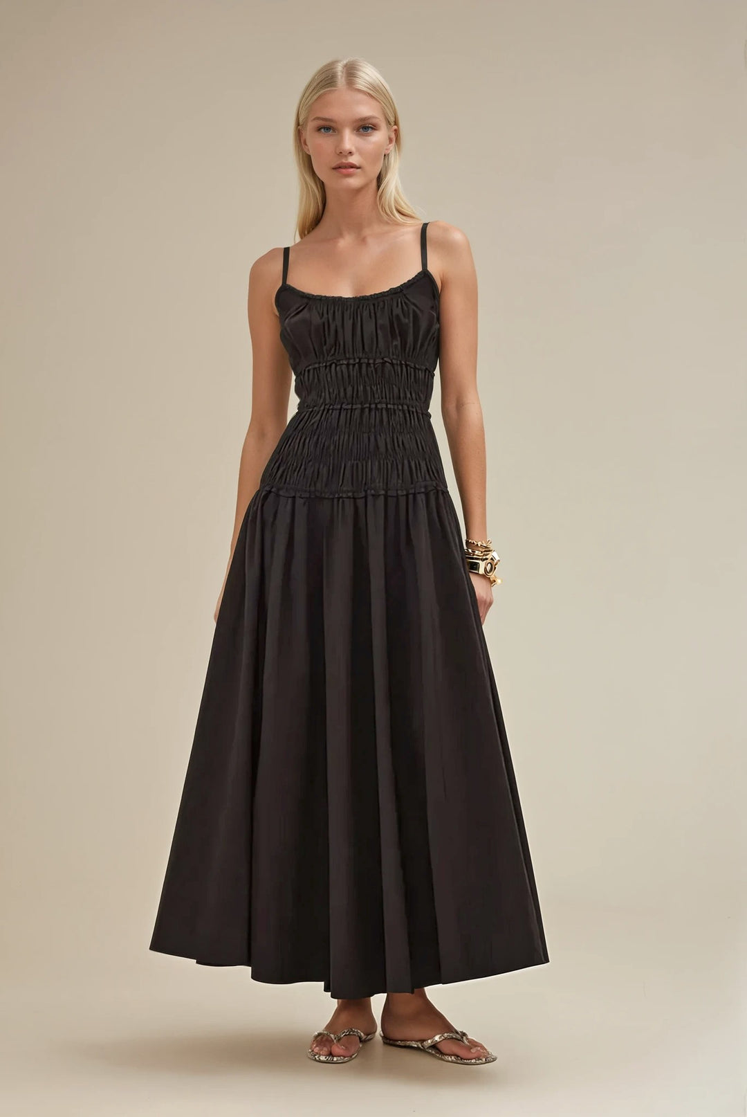 Smocked Maxi Cotton Dress – Black Sleeveless Flowy Summer Dress