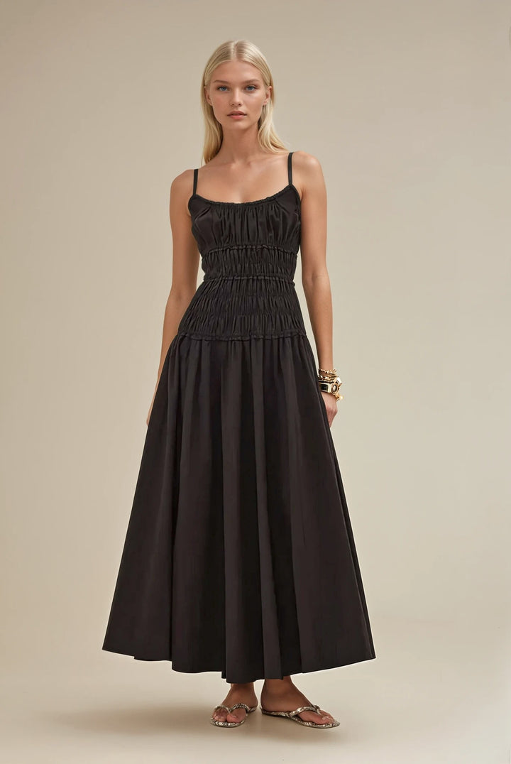 Smocked Maxi Cotton Dress – Black Sleeveless Flowy Summer Dress