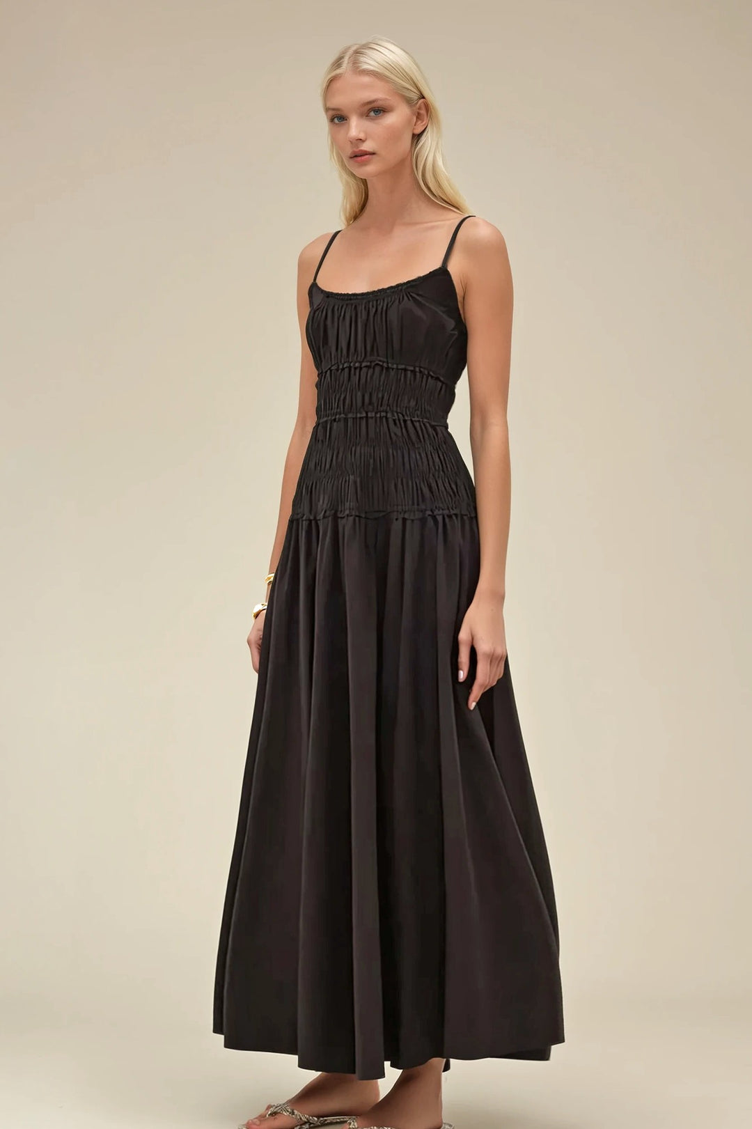 Smocked Maxi Cotton Dress – Black Sleeveless Flowy Summer Dress