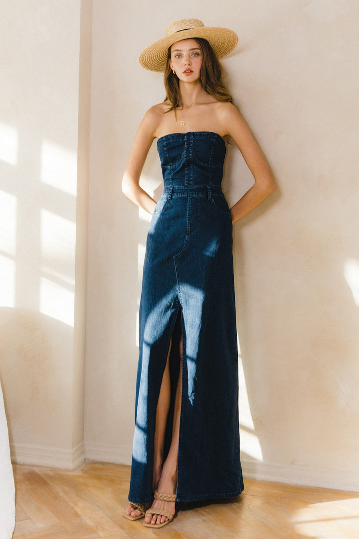 Strapless Denim Maxi Dress – Dark Denim Front Slit Bodycon Dress