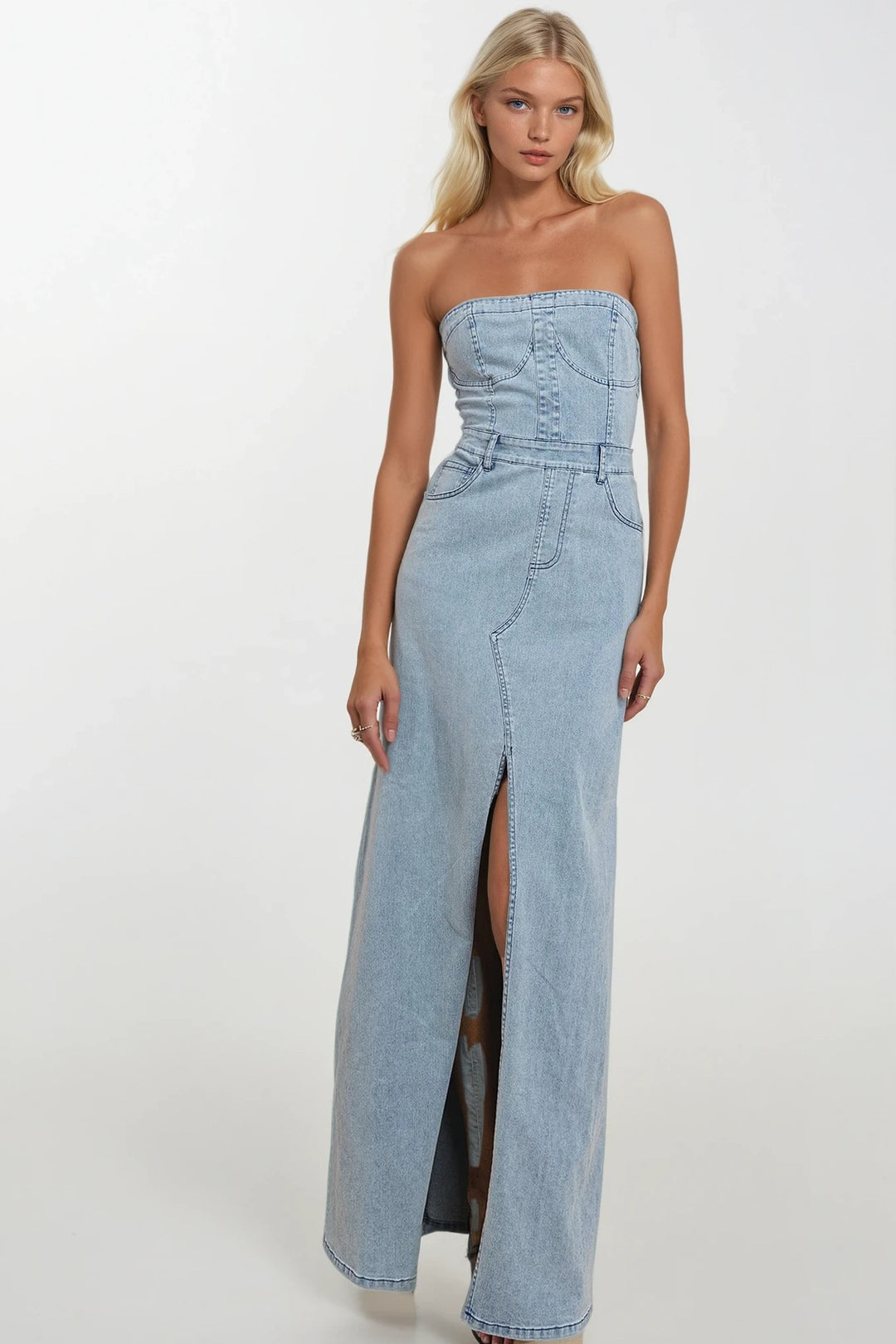 Strapless Denim Maxi Dress – Light Wash Front Slit Bodycon Dress