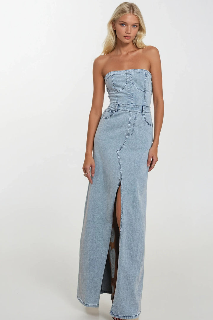 Strapless Denim Maxi Dress – Light Wash Front Slit Bodycon Dress