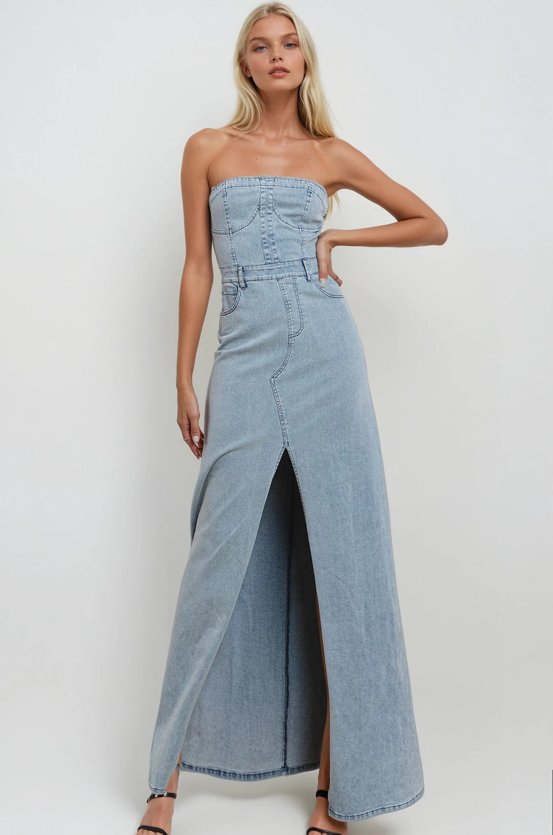 Strapless Denim Maxi Dress – Light Wash Front Slit Bodycon Dress S
