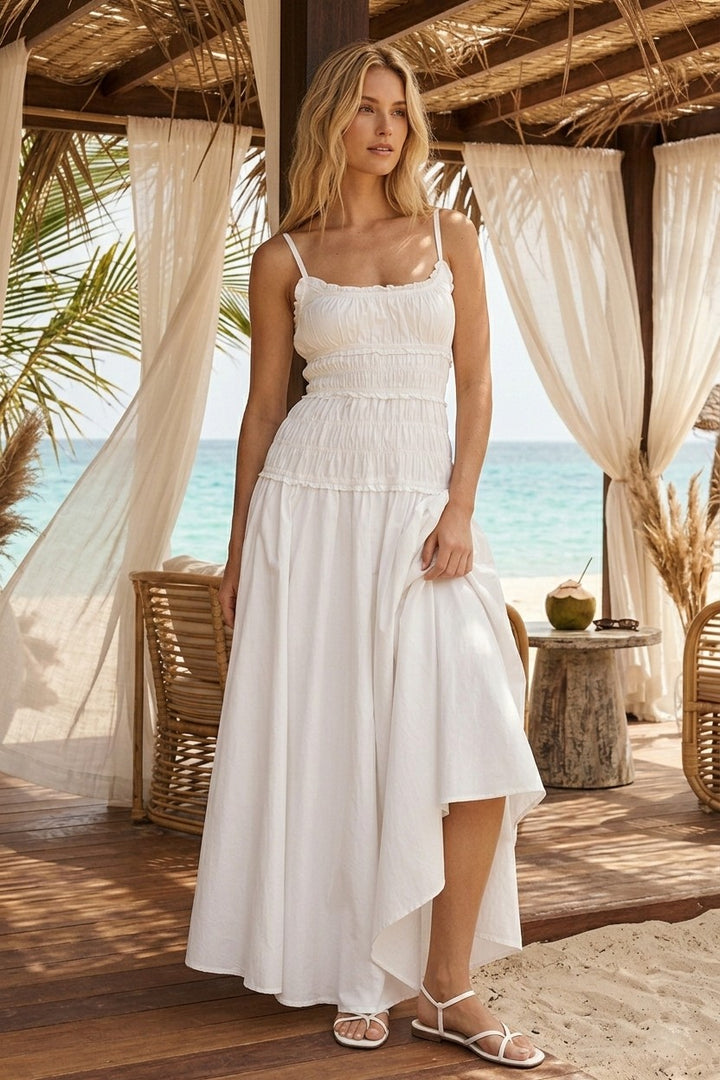 Smocked Maxi Cotton Dress – White Sleeveless Flowy Summer Dress – Signature Step