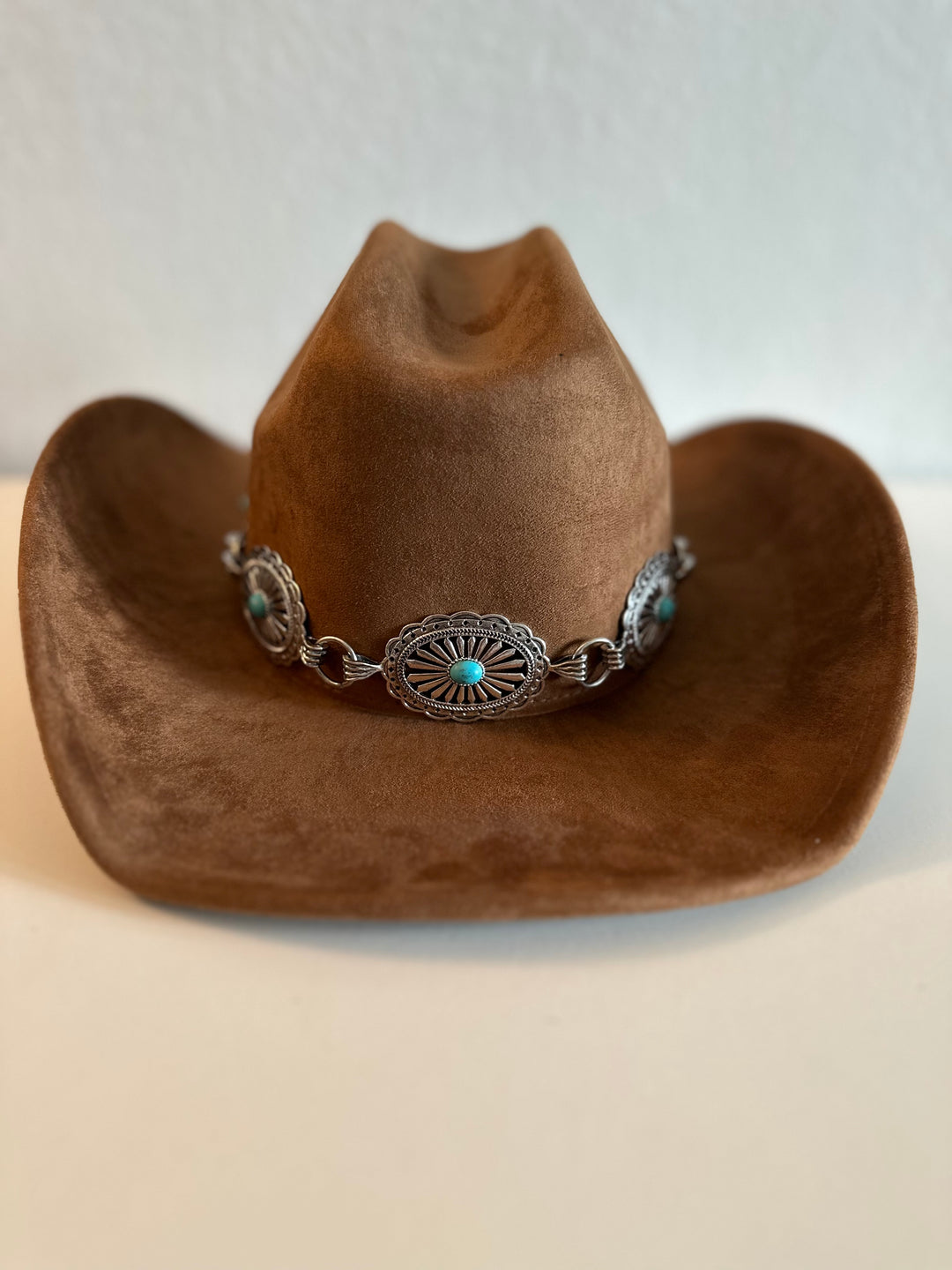 Tan Suede Western Hat with Silver and Turquoise Concho