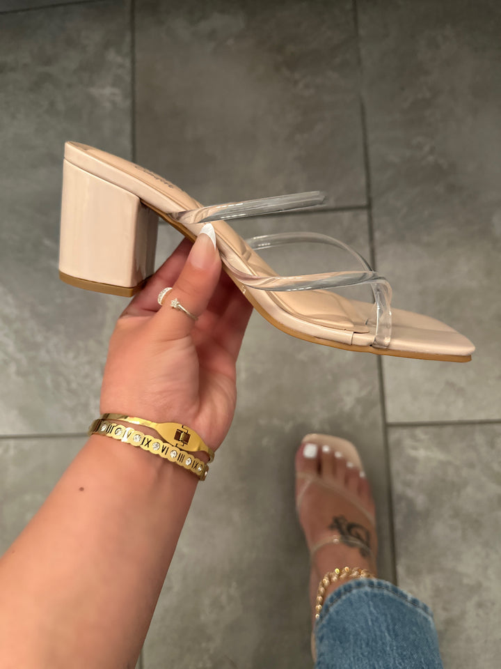 Women's Clear Nude Strappy Mid Heels- Harper