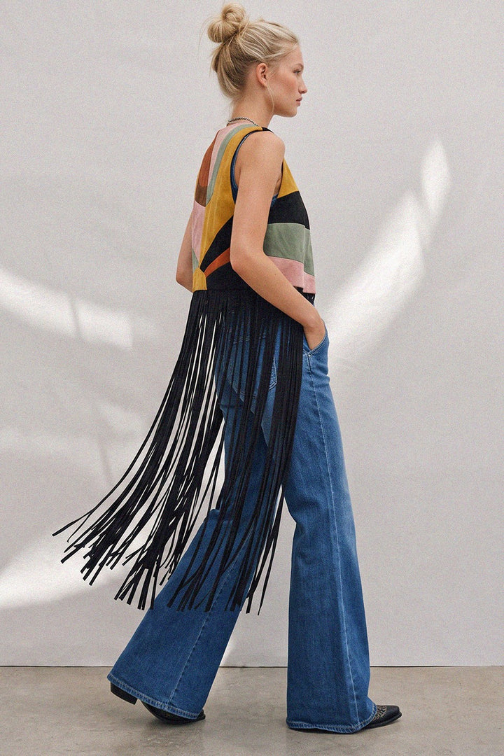 Western Boho Maxi Colorblock Sunrise Faux Suede Vest – Black Multi Sunrise